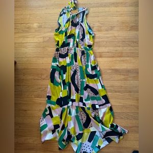 Amour Vert Womens XL Stefania Piazza Print Silk Midi Dress Halter Neck